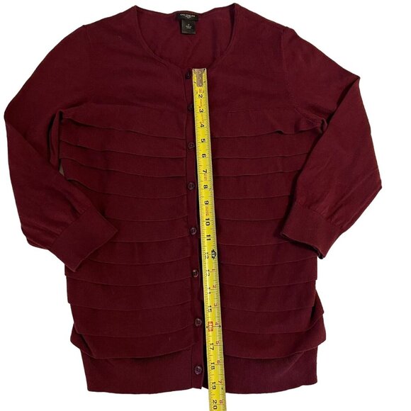 Ann Taylor Womens Cardigan Cotton Sweater Ruffles Buttons Wine Maroon Red Med - Picture 5 of 10